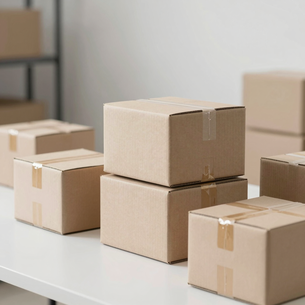 professional e-commerce and delivery scene with neatly packaged boxes, modern logistics, fast shipping concept, minimalist composition with soft bokeh background, high resolution 4K, professional studio lighting, sharp focus, no text, no letters, no words, no watermarks, no logos, purely visual image without any written elements
