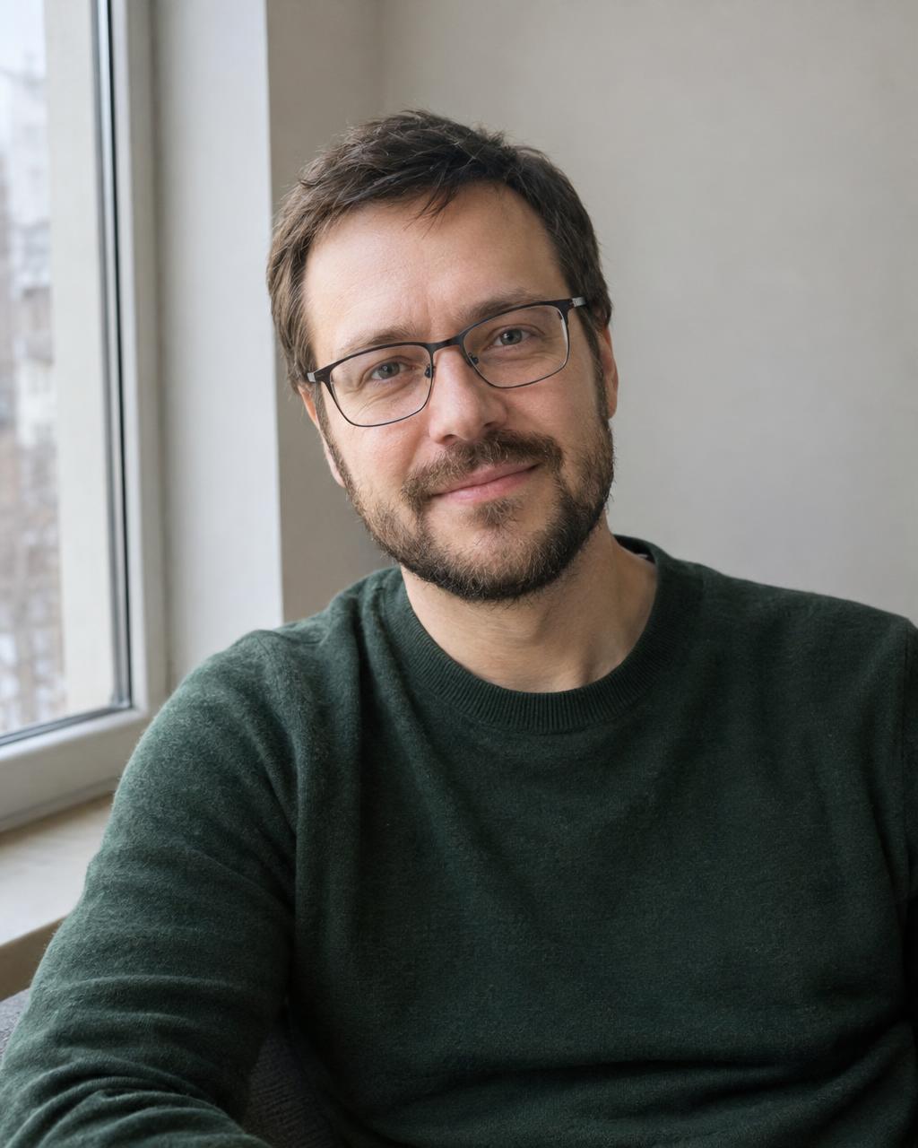 Илья Орлов, психолог: короткая борода, очки, тёмно-зелёный свитер, сидит у окна