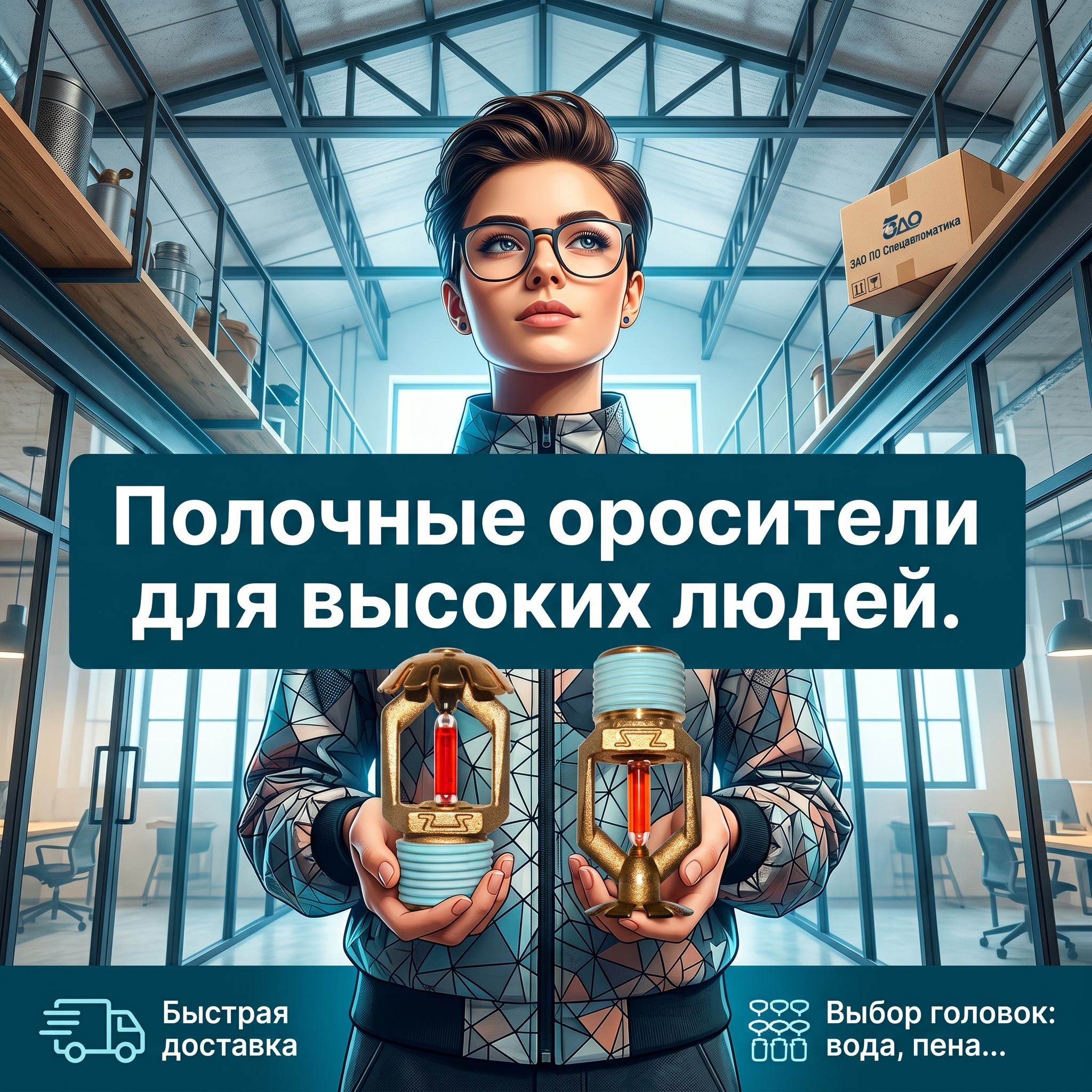 CRITICAL CONSISTENCY RULE: Use the EXACT SAME human model/character across ALL images in this carousel. Same person, same outfit style, same hair color, same body type. The character must be recognizable across the entire carousel for visual storytelling consistency. High-conversion advertising banner for Yandex Direct carousel. Business website: https://pojkom.spb.ru/orositeli-i-aksessuary/orositeli-sprinklernye. Баннер в стиле Instagram story, яркий и трендовый, молодёжный маркетинг. ТЕКСТ НА БАННЕРЕ (СТРОГО НА РУССКОМ): "Стеллажные спринклеры для высоких". CRITICAL / КРИТИЧНО: 1) ALL text MUST be in RUSSIAN only. NEVER English! Весь текст ТОЛЬКО по-русски! 2) Text MUST be CENTERED in the image, large and easily readable. 3) Text MUST occupy NO MORE than 40% of image area. 4) Modern bold font, perfect Russian spelling, no errors. 5) HIGH CONTRAST background for text readability. Theme: Прямые поставки от ЗАО «ПО Спецавтоматика»,Широкий ассортимент спринклерных оросителей (водяные, пенные, скрытые, стеллажные, быстродействующие),Возможность комплектации узлов управления и шкафов под DN 65–200,Наличие на складе и оперативная отгрузка (прим. ЗВН-180 нерж. 60 шт). Professional quality, square 1:1 format, optimized for ad carousel click-through rate.