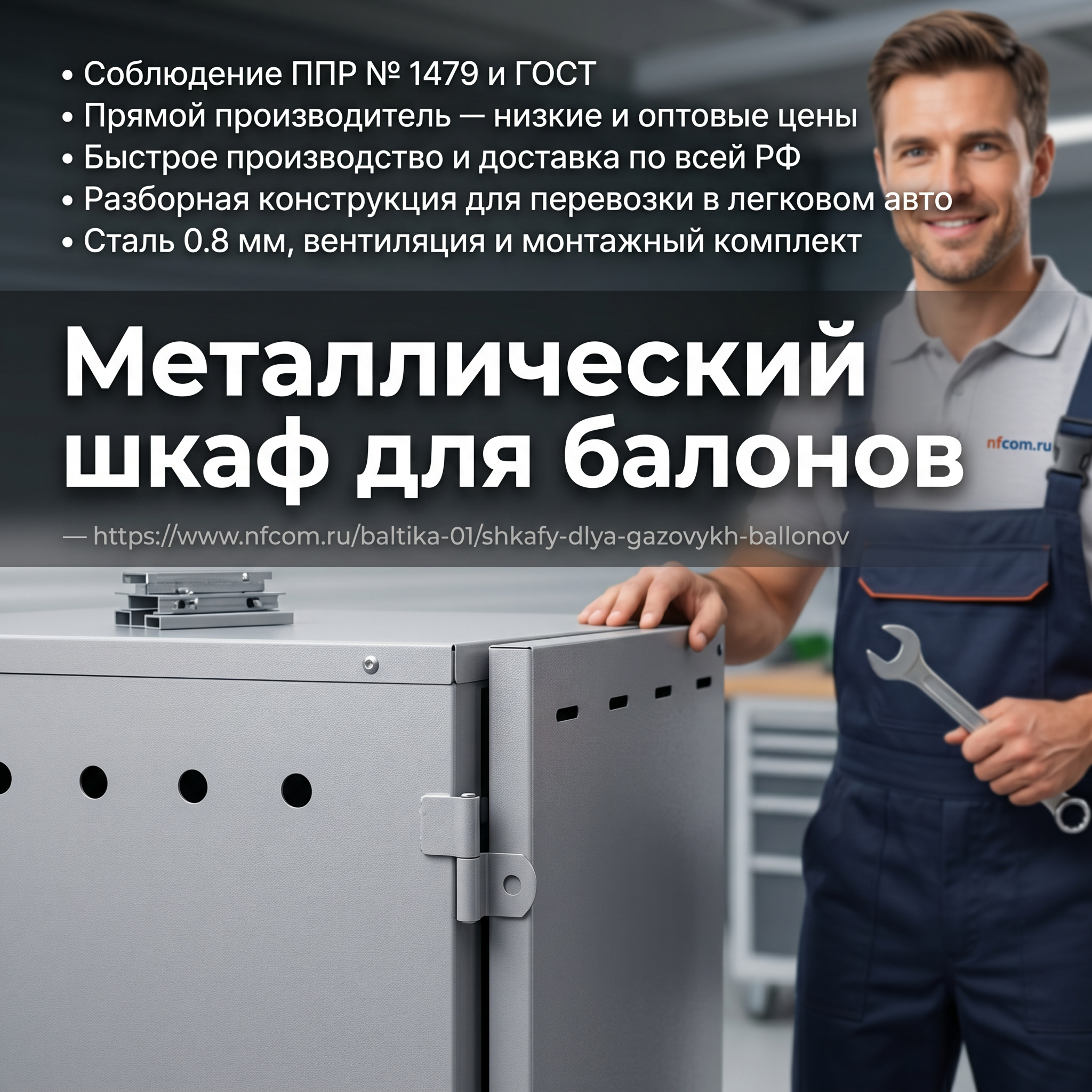 Advertising image for Yandex Direct RSY carousel. CRITICAL: Reproduce the EXACT product shown in the FIRST reference image — same shape, color, design, brand elements, proportions. Do NOT change, modify or reimagine the product — only change the background and context. Product close-up detail: the EXACT product from the reference photo, extreme close-up showing texture and quality, macro photography style, studio lighting highlights. A professional-looking person (model) is naturally interacting with or presenting the product, making it feel relatable and aspirational. The model should look confident and appealing. Business context: Соответствие ППР №1479 и ГОСТ,Прямой производитель — низкие цены и оптовые прайсы,Быстрое изготовление и доставка по России,Сборно-разборная конструкция для перевозки в легковом авто,Сталь 0.8 мм, вентиляция и комплект крепежа. Brand website: https://www.nfcom.ru/baltika-01/shkafy-dlya-gazovykh-ballonov. ТЕКСТ НА ИЗОБРАЖЕНИИ (СТРОГО НА РУССКОМ): "Металлический шкаф для баллонов". CRITICAL: ALL text MUST be in RUSSIAN only. NEVER English! Text MUST be CENTERED, large, readable, max 35% of image area. Modern bold font, high contrast background under text. Square 1:1 format, 4K resolution, professional advertising photography quality, scroll-stopping for Yandex RSY.