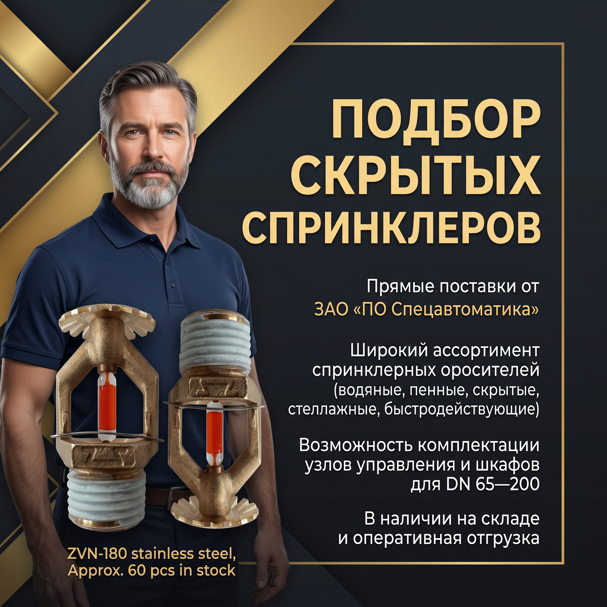 CRITICAL CONSISTENCY RULE: Use the EXACT SAME human model/character across ALL images in this carousel. Same person, same outfit style, same hair color, same body type. The character must be recognizable across the entire carousel for visual storytelling consistency. High-conversion advertising banner for Yandex Direct carousel. Business website: https://pojkom.spb.ru/orositeli-i-aksessuary/orositeli-sprinklernye. Premium-баннер с золотыми акцентами, luxury-стиль, элегантный фон. ТЕКСТ НА БАННЕРЕ (СТРОГО НА РУССКОМ): "Подбор скрытых спринклеров". CRITICAL / КРИТИЧНО: 1) ALL text MUST be in RUSSIAN only. NEVER English! Весь текст ТОЛЬКО по-русски! 2) Text MUST be CENTERED in the image, large and easily readable. 3) Text MUST occupy NO MORE than 40% of image area. 4) Modern bold font, perfect Russian spelling, no errors. 5) HIGH CONTRAST background for text readability. Theme: Прямые поставки от ЗАО «ПО Спецавтоматика»,Широкий ассортимент спринклерных оросителей (водяные, пенные, скрытые, стеллажные, быстродействующие),Возможность комплектации узлов управления и шкафов под DN 65–200,Наличие на складе и оперативная отгрузка (прим. ЗВН-180 нерж. 60 шт). Professional quality, square 1:1 format, optimized for ad carousel click-through rate.