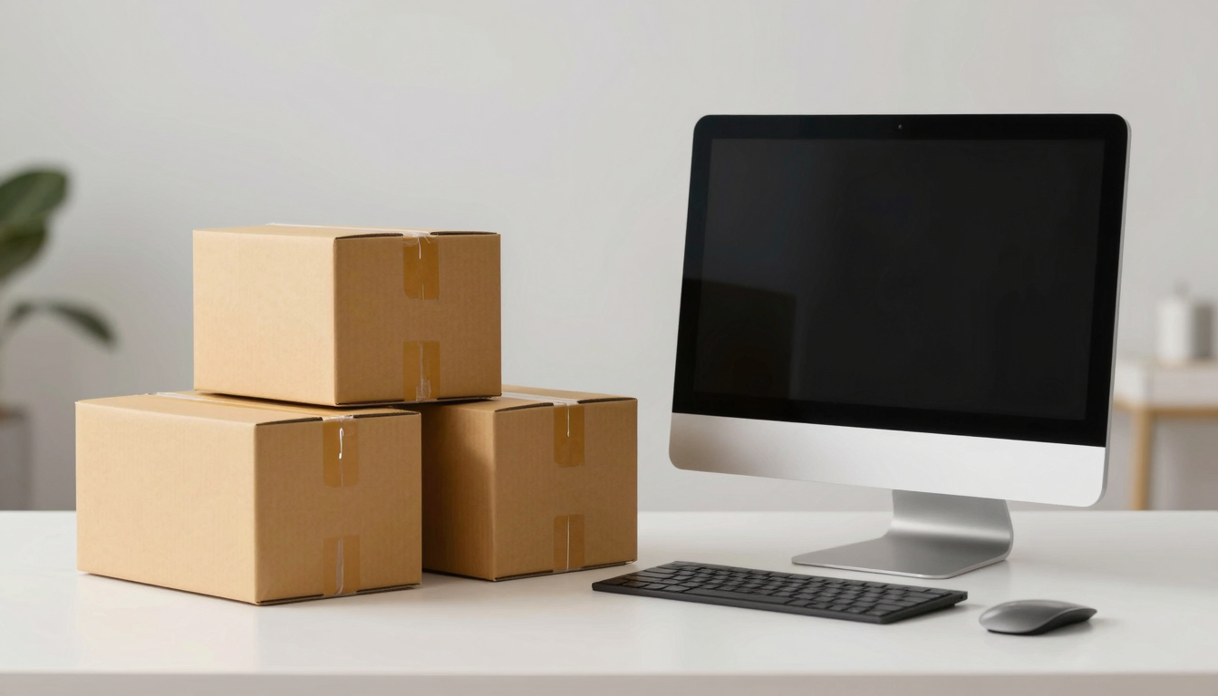 professional e-commerce and delivery scene with neatly packaged boxes, modern logistics, fast shipping concept, minimalist composition with soft bokeh background, high resolution 4K, professional studio lighting, sharp focus, no text, no letters, no words, no watermarks, no logos, purely visual image without any written elements
