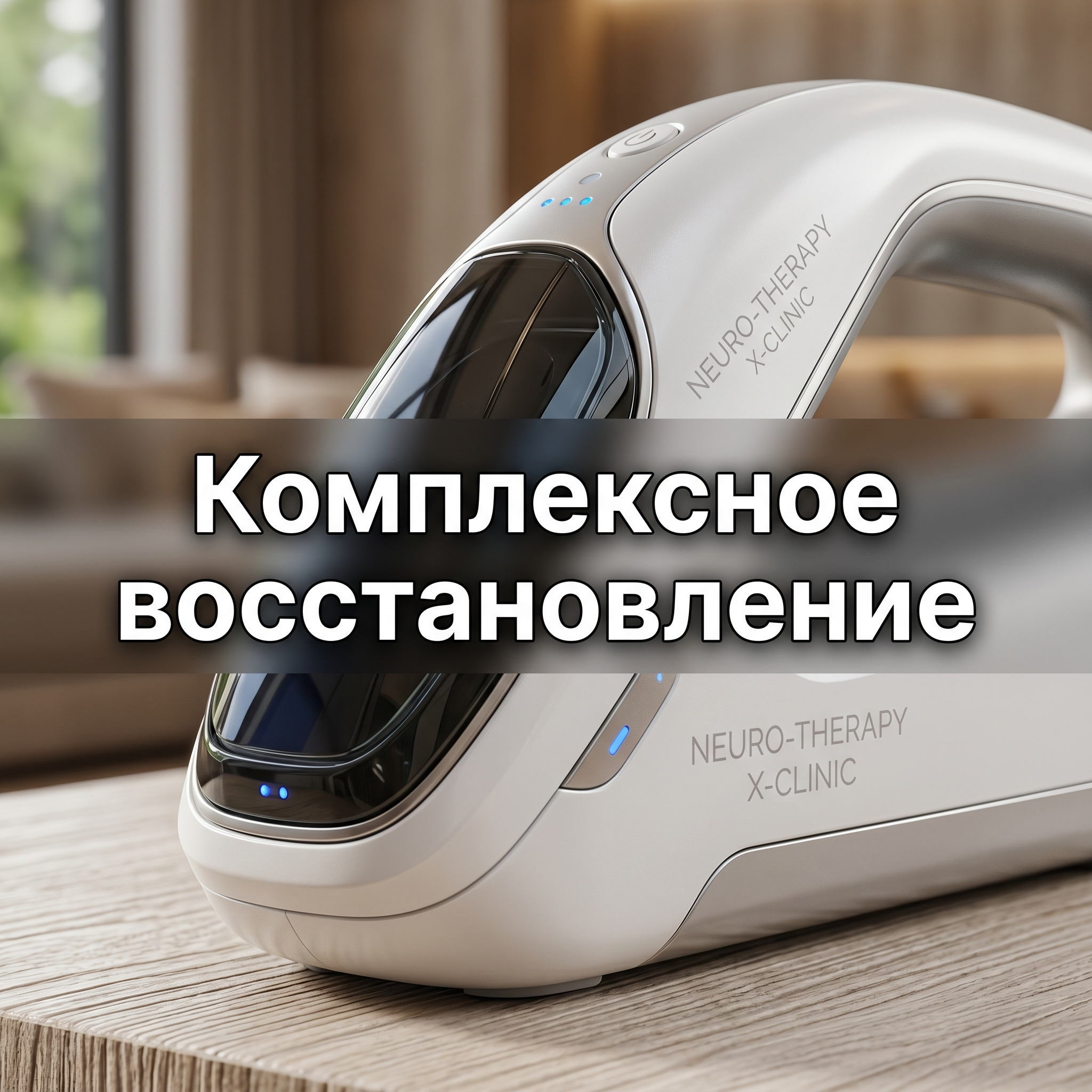 Advertising image for Yandex Direct RSY carousel. CRITICAL: Reproduce the EXACT product shown in the FIRST reference image — same shape, color, design, brand elements, proportions. Do NOT change, modify or reimagine the product — only change the background and context. Product close-up detail: the EXACT product from the reference photo, extreme close-up showing texture and quality, macro photography style, studio lighting highlights. Business context: Интегративная адаптационная медицина с нейротерапией и нейрофизиологией, Комплексные программы: детокс, поствирусное восстановление, антистресс и чек‑апы, Проживание и питание на территории (номера премиум, ресторан), Индивидуальные программы и расписание заездов (еженедельные), Расположение на первой линии в посёлке Репино — уединение и релакс. Brand website: https://x-clinic.ru/. ТЕКСТ НА ИЗОБРАЖЕНИИ (СТРОГО НА РУССКОМ): "Комплексное восстановление". CRITICAL: ALL text MUST be in RUSSIAN only. NEVER English! Text MUST be CENTERED, large, readable, max 35% of image area. Modern bold font, high contrast background under text. Square 1:1 format, 4K resolution, professional advertising photography quality, scroll-stopping for Yandex RSY.