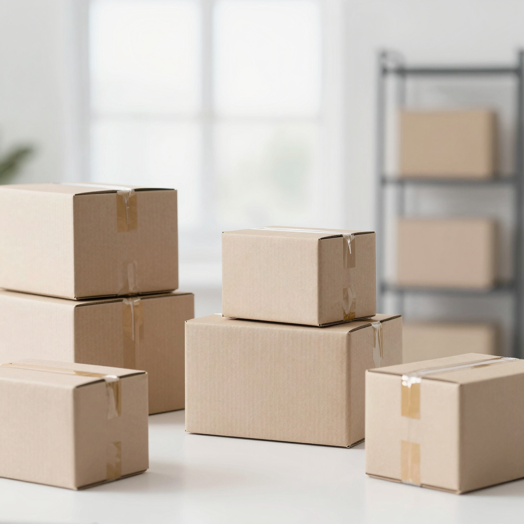professional e-commerce and delivery scene with neatly packaged boxes, modern logistics, fast shipping concept, minimalist composition with soft bokeh background, high resolution 4K, professional studio lighting, sharp focus, no text, no letters, no words, no watermarks, no logos, purely visual image without any written elements