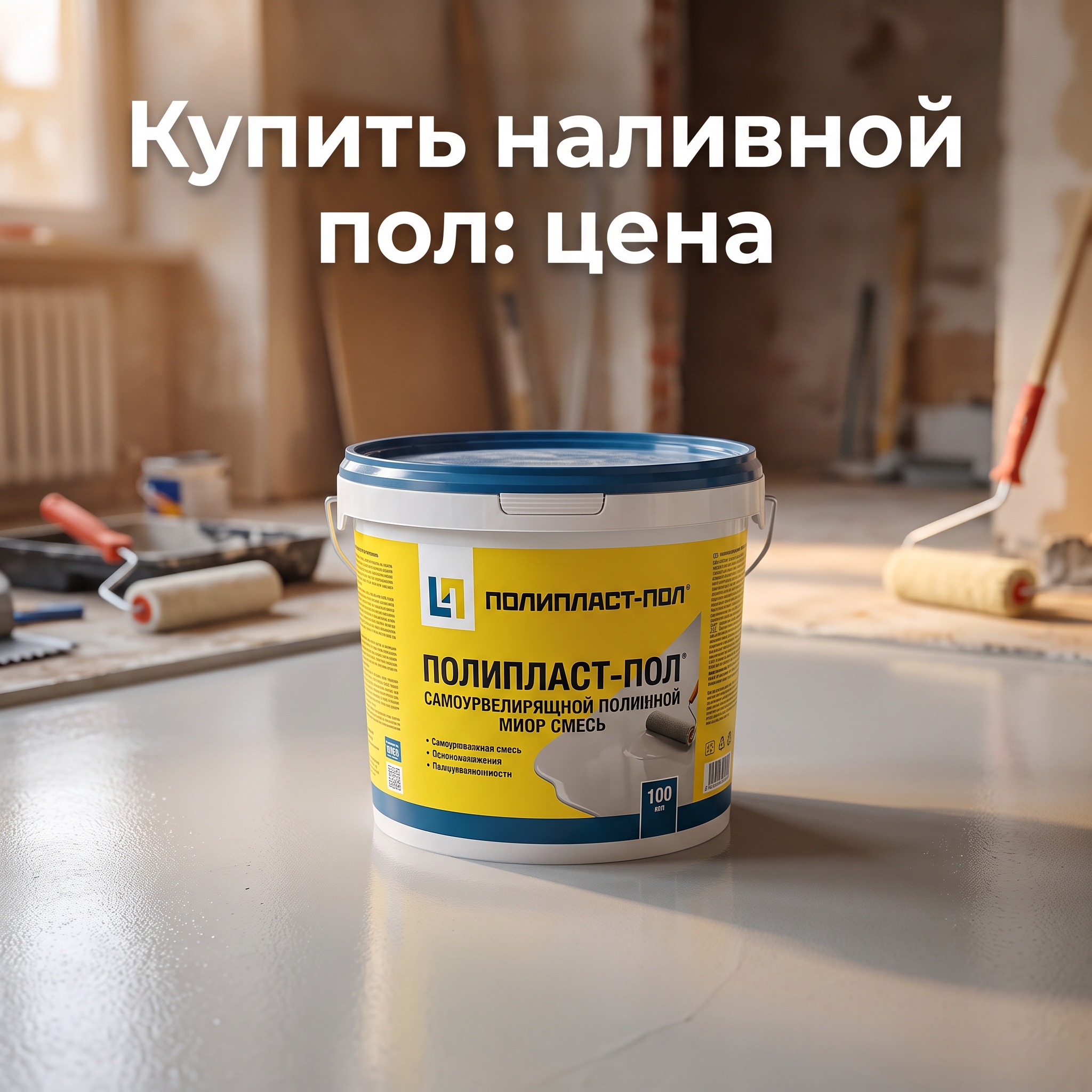 Advertising image for Yandex Direct RSY carousel. CRITICAL: Reproduce the EXACT product shown in the FIRST reference image — same shape, color, design, brand elements, proportions. Do NOT change, modify or reimagine the product — only change the background and context. Product in lifestyle context: the EXACT product from the reference photo placed in a realistic use environment, warm ambient lighting, shallow depth of field on the product. Business context: Собственное производство в Москве, Любые объёмы и короткие сроки выполнения, Низкие цены и регулярные акции, Бесплатные технические консультации и онлайн‑расчёт, Работы под ключ с гарантией. Brand website: https://poliplast-pol.ru/catalog/. ТЕКСТ НА ИЗОБРАЖЕНИИ (СТРОГО НА РУССКОМ): "Купить наливной пол: цена". CRITICAL: ALL text MUST be in RUSSIAN only. NEVER English! Text MUST be CENTERED, large, readable, max 35% of image area. Modern bold font, high contrast background under text. Square 1:1 format, 4K resolution, professional advertising photography quality, scroll-stopping for Yandex RSY.
