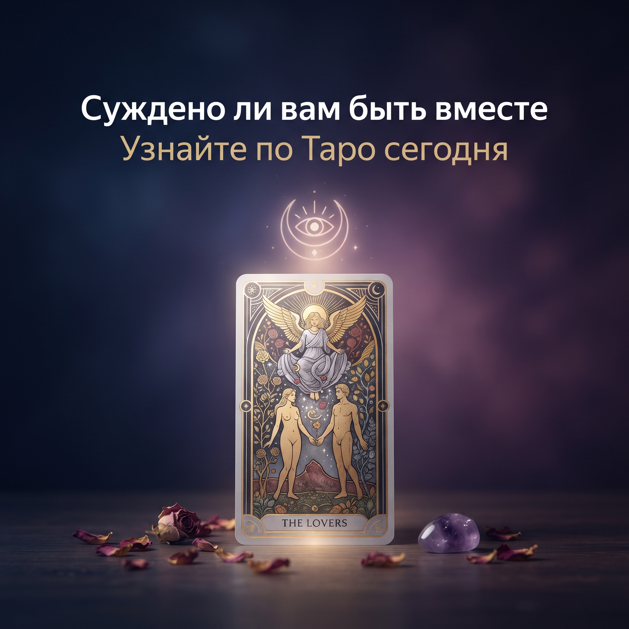 Professional advertising banner for Yandex Direct. Минималистичный профессиональный баннер, чистый фон, акцент на продукте. ТЕКСТ НА ИЗОБРАЖЕНИИ (СТРОГО НА РУССКОМ ЯЗЫКЕ): "Суждено ли вам быть вместе Узнайте по Таро сегодня". CRITICAL TEXT RULES / КРИТИЧЕСКИЕ ПРАВИЛА: 1) ALL text on the image MUST be in RUSSIAN language only. NEVER use English text! 2) Text MUST be CENTERED in the image, large and easily readable. 3) Text MUST occupy NO MORE than 40% of image area. 4) Modern stylish font, perfect Russian spelling, no errors. 5) High contrast background for text readability. Theme: . Professional quality.