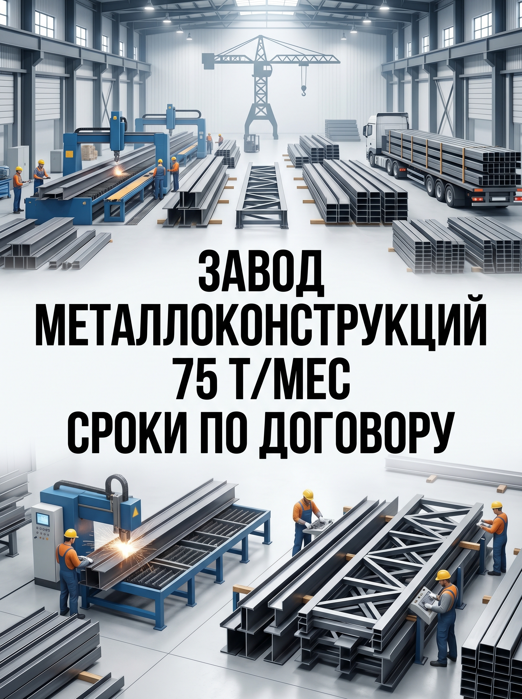 Professional advertising banner for Yandex Direct. Минималистичный профессиональный баннер, чистый фон, акцент на продукте. ТЕКСТ НА ИЗОБРАЖЕНИИ (СТРОГО НА РУССКОМ ЯЗЫКЕ): "Завод металлоконструкций 75 тмес сроки по договору". CRITICAL TEXT RULES / КРИТИЧЕСКИЕ ПРАВИЛА: 1) ALL text on the image MUST be in RUSSIAN language only. NEVER use English text! 2) Text MUST be CENTERED in the image, large and easily readable. 3) Text MUST occupy NO MORE than 40% of image area. 4) Modern stylish font, perfect Russian spelling, no errors. 5) High contrast background for text readability. Theme: Запуск строительства через 30 дней, Гарантия цены и сроков по договору, Поставка по графику с точностью до часа, Собственное производство 75 т/мес и площадью 8000 м², Реализовано 75+ крупных проектов в 5 регионах. Professional quality.