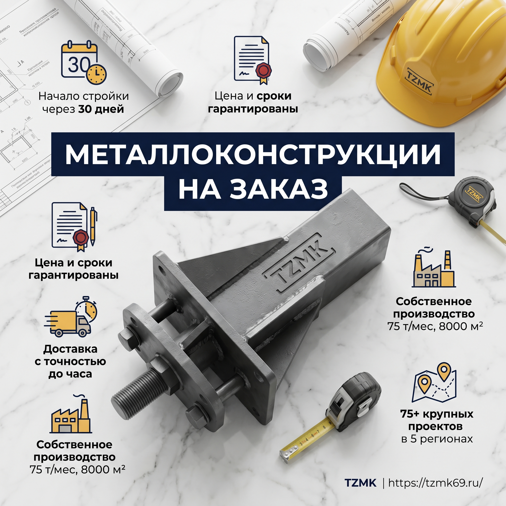 Advertising image for Yandex Direct RSY carousel. CRITICAL: Reproduce the EXACT product shown in the FIRST reference image — same shape, color, design, brand elements, proportions. Do NOT change, modify or reimagine the product — only change the background and context. Product flat-lay view: the EXACT product from the reference photo shot from above on an elegant surface (marble, wood), organized composition with minimal props, clean aesthetic. Business context: Запуск строительства через 30 дней, Гарантия цены и сроков по договору, Поставка по графику с точностью до часа, Собственное производство 75 т/мес и площадью 8000 м², Реализовано 75+ крупных проектов в 5 регионах. Brand website: https://tzmk69.ru/. ТЕКСТ НА ИЗОБРАЖЕНИИ (СТРОГО НА РУССКОМ): "Металлоконструкции на заказ". CRITICAL: ALL text MUST be in RUSSIAN only. NEVER English! Text MUST be CENTERED, large, readable, max 35% of image area. Modern bold font, high contrast background under text. Square 1:1 format, 4K resolution, professional advertising photography quality, scroll-stopping for Yandex RSY.