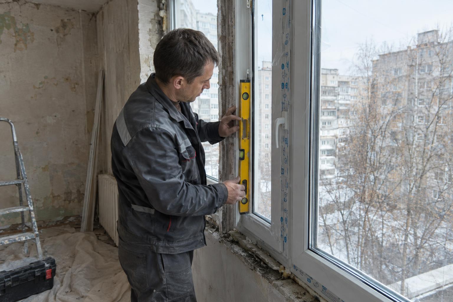 Монтажник в рабочей куртке прикладывает строительный уровень к раме нового окна в квартире