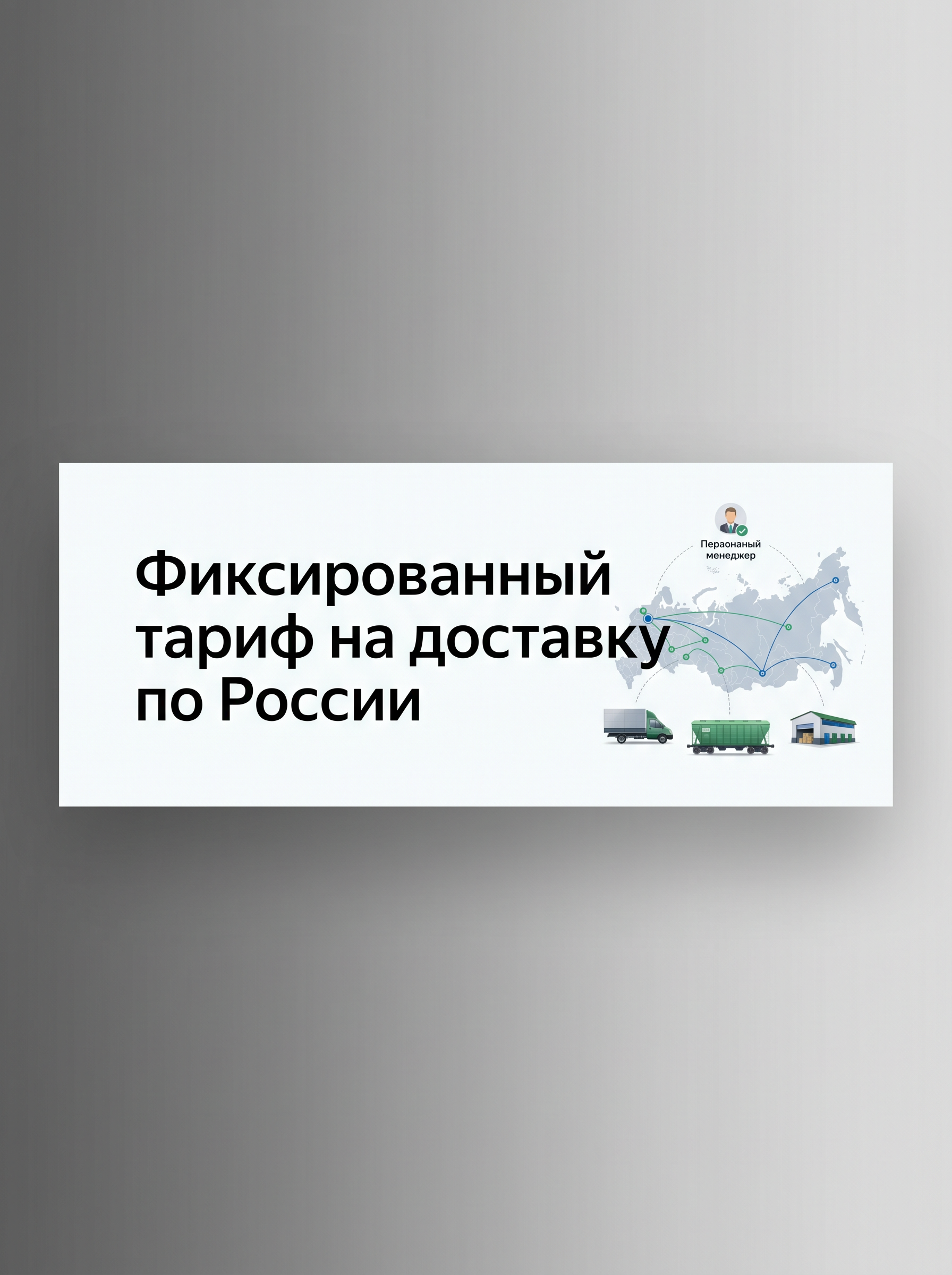 Professional advertising banner for Yandex Direct. Минималистичный профессиональный баннер, чистый фон, акцент на продукте. ТЕКСТ НА ИЗОБРАЖЕНИИ (СТРОГО НА РУССКОМ ЯЗЫКЕ): "Фиксированный тариф на доставку по России". CRITICAL TEXT RULES / КРИТИЧЕСКИЕ ПРАВИЛА: 1) ALL text on the image MUST be in RUSSIAN language only. NEVER use English text! 2) Text MUST be CENTERED in the image, large and easily readable. 3) Text MUST occupy NO MORE than 40% of image area. 4) Modern stylish font, perfect Russian spelling, no errors. 5) High contrast background for text readability. Theme: Фиксированный тариф на перевозки по России, Без скрытых платежей — прозрачный расчёт,  Собственный автопарк, вагоны и терминалы; персональный менеджер. Professional quality.